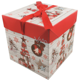 Darčeková krabička skladacia s mašľou Vianočné s darčekmi a ozdobami 10,5 x 10,5 x 10,5 cm