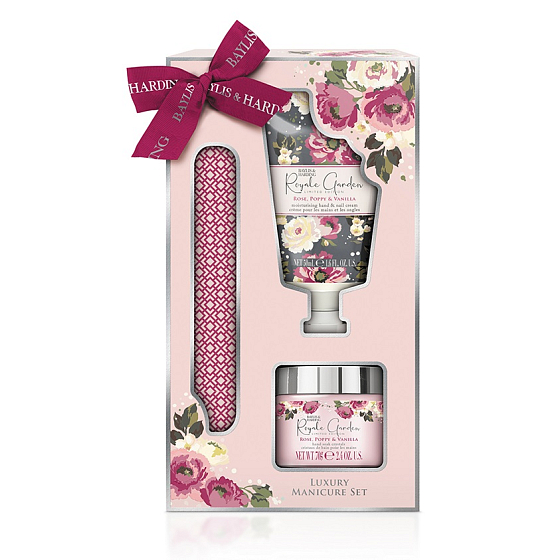 Baylis & Harding Rose, Poppy and Vanilla soľ na ruky 70 g + krém na ruky a nechty 50 ml + pilník na nechty, kozmetická sada pre ženy