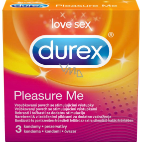 Durex Pleasure Me kondóm s vrúbkami a výstupkami pre stimuláciu oboch partnerov nominálna šírka: 56 mm 3 kusy