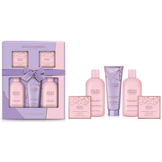 Baylis & Harding Sprchový gél s jojobou a vanilkou 300 ml + sprchový krém 300 ml + telové mlieko 130 ml + tuhé mydlo 150 g + kryštály do kúpeľa 100 g, kozmetická sada pre ženy
