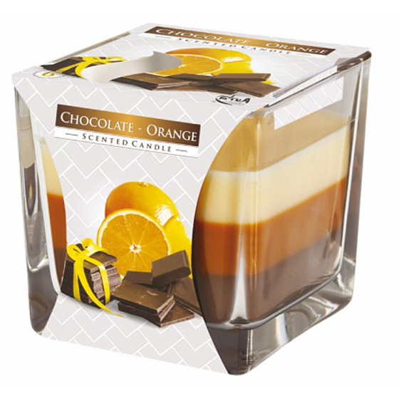 Emocio Chocolate & Orange - Trojfarebná vonná sviečka s vôňou čokolády a pomaranča, sklenený hranol 80 x 80 mm, doba horenia až 32 hodín