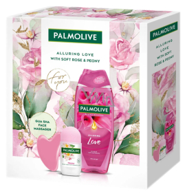 Palmolive Alluring Love Soft Rose & Peony sprchový gél 500 ml + Happy roll-on antiperspirant 50 ml + masážna pomôcka Gua sha na tvár, kozmetická sada pre ženy