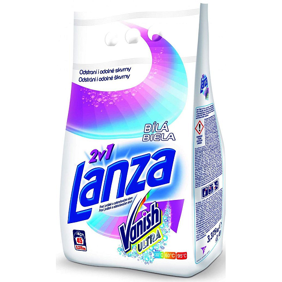 Lanza Vanish Ultra 2v1 Biela prací prášok s odstraňovačom škvŕn na bielu bielizeň 45 dávok 3,375 g