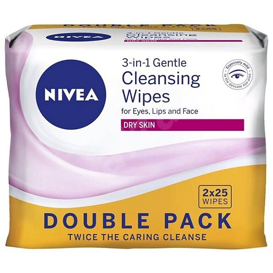 Nivea 3v1 Upokojujúci jemné čistiace pleťové obrúsky suchá a citlivá pleť Duo 2 x 25 kusov