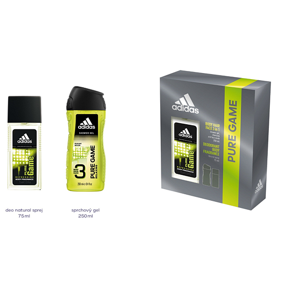 Adidas Pure Game parfumovaný deodorant sklo pre mužov 75 ml + sprchový gél 250 ml, kozmetická sada
