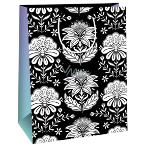 Ditipo Darčeková papierová taška 22 x 10 x 29 cm Kreativ Čierna biela kvety zelená trblietka