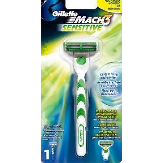 Gillette Mach3 sensitive strojček + náhradné hlavice 1 kus, pre mužov