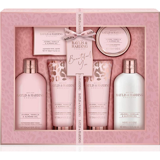 Baylis & Harding Jojoba, Vanilka a Mandľový olej umývací gél 300 ml + kúpeľové mlieko 300 ml + toaletné mydlo 150 g + sprchový krém 130 ml + telové mlieko 130 ml + soľ do kúpeľa 100 g, kozmetická sada
