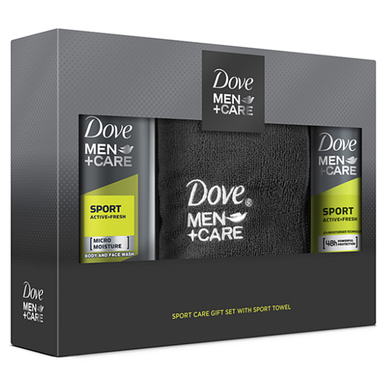 Dove Men + Care Sport Active + Fresh sprchový gel 250 ml + antiperspirant dezodorant sprej pre mužov 150 ml + uterák, kozmetická sada