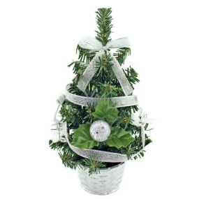 Vianočný stromček zdobený strieborný s mašľou 20 cm