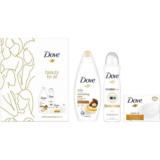 Dove Beauty For All Nourishing Care sprchový gél 250 ml + Invisible Dry antiperspirant deodorant sprej 150 ml + Cream Oil Moroccan Argan Oil toaletné mydlo 100 g, kozmetická sada