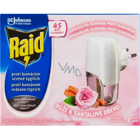 Elektrický odparovač Raid Rose and Sandalwood s tekutou náplňou proti komárom 45 nocí 27 ml