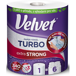 Velvet Turbo papierové kuchynské utierky 3 vrstvé 340 útržkov 75,82 m 1 rolka