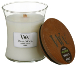 Woodwick Linen - Čistý ľan vonná sviečka s dreveným knôtom a viečkom sklo malá 85 g