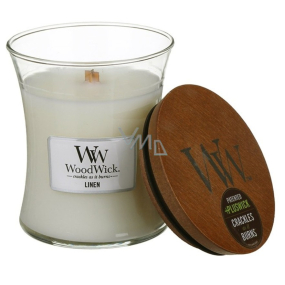 Woodwick Linen - Čistý ľan vonná sviečka s dreveným knôtom a viečkom sklo malá 85 g