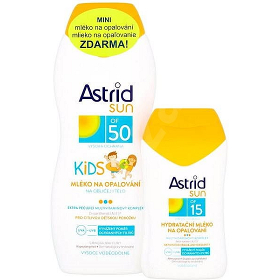 Astrid Sun Kids OF50 mlieko na opaľovanie 200 ml + Sun OF15 Hydratačné mlieko na opaľovanie 100 ml, duopack