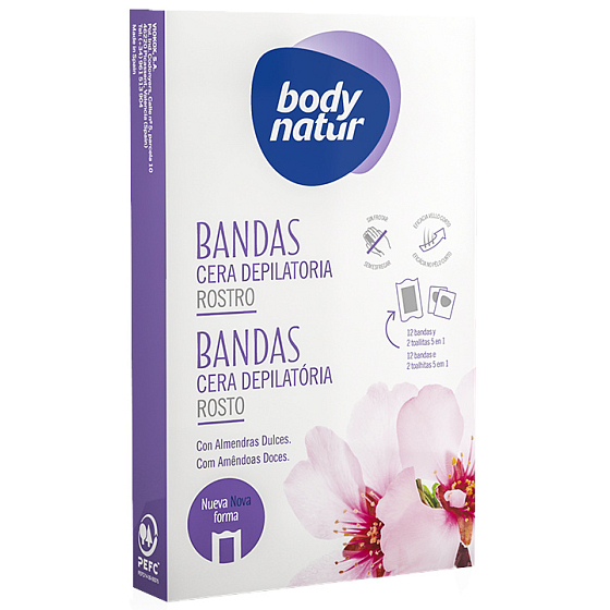Body Natur Sladká mandľa epilačný voskové pásiky na tvár pre citlivú pleť 12 kusov + poepilačné obrúsky 2 kusy
