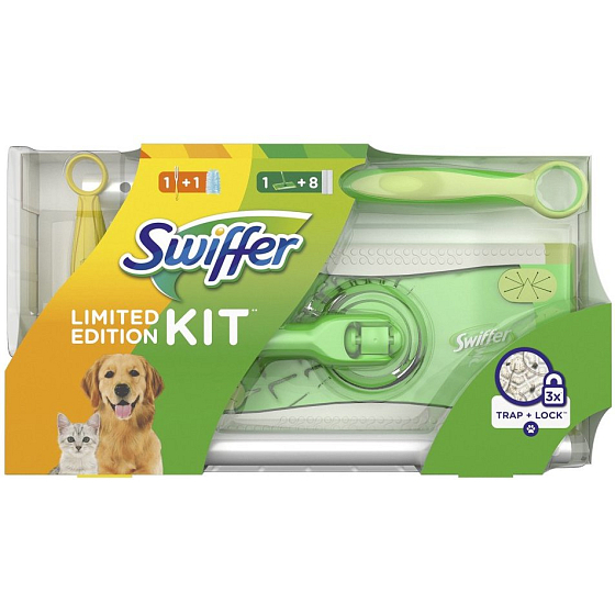 Swiffer 2v1 Kit mop + náhradná prachovka na podlahu 8 kusov + násada malá + prachovka 1 kus, sada