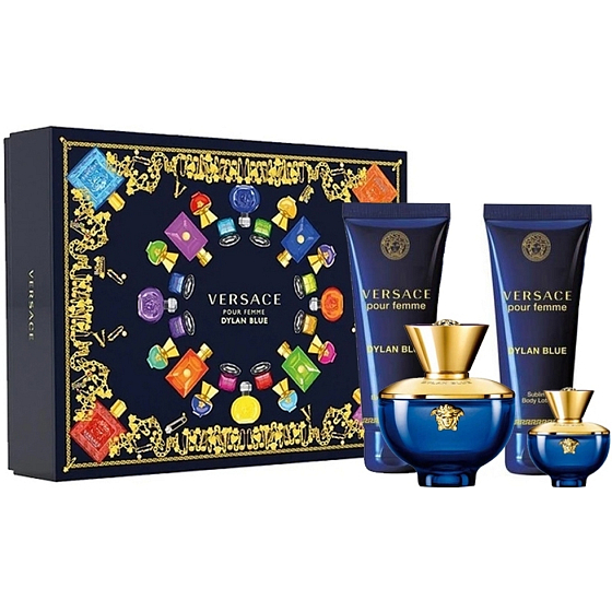 Versace Dylan Blue pour Femme parfumovaná voda pre ženy 100 ml + telové mlieko 100 ml + sprchový gél 100 ml + parfumovaná voda 5 ml, darčeková sada pre ženy