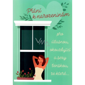 Albi Hravé obálkové narodeninové prianie Slečna rozjímajúca v okne Sex Bomb 14,8 x 21 cm