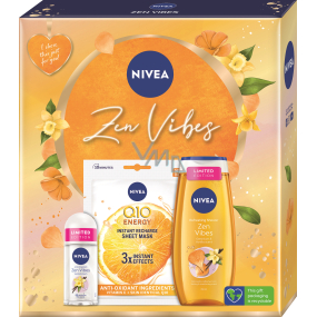 Nivea Zen Vibes Q10 Energy textilná maska na tvár 1 ks + Zen Vibes sprchový gél 250 ml + Zen Vibes antiperspirant roll-on 50 ml, kozmetická sada pre ženy