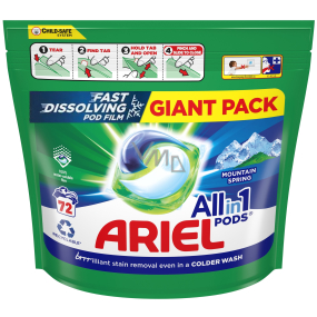 Ariel All in 1 Pods Gélové kapsuly Mountain Spring na pranie bielej a svetlej bielizne 72 kusov