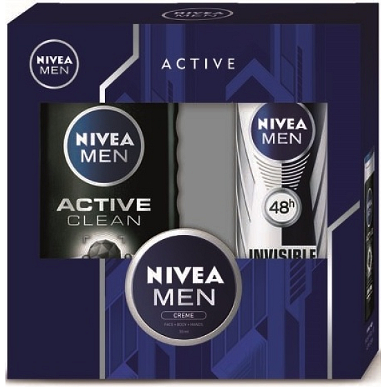 Nivea Men Active Clean sprchový gél 250 ml + Black & White Power antiperspirant sprej 150 ml + Men krém 30 ml, kozmetická sada