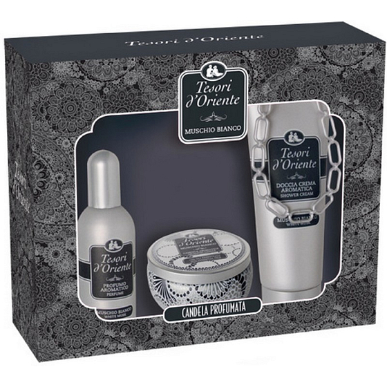 Tesoro d Oriente Muschio Bianco toaletná voda 100 ml + sprchový gél 250 ml + orientálna sviečka 109 g, pre ženy darčeková sada
