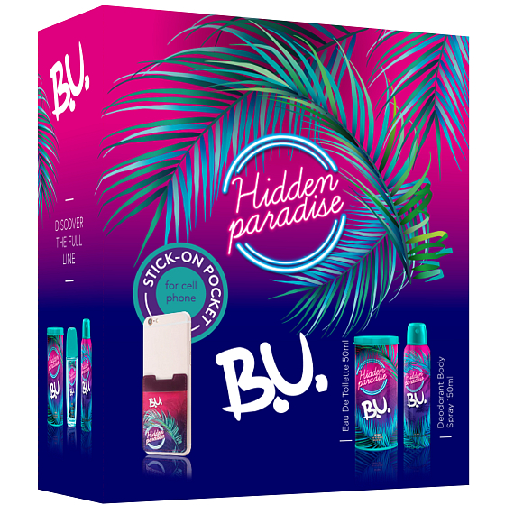 BU Hidden Paradise toaletná voda pre ženy 50 ml + dezodorant sprej 150 ml + nálepka na mobil, darčeková sada