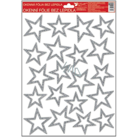 Okenná fólia bez lepidla s trblietavými striebornými hviezdami 33,5 x 26 cm