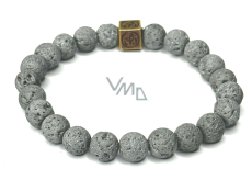 Lávovo šedá postriebrená s kráľovskou mantrou Om, náramok z elastického prírodného kameňa, guľôčka 8 mm / 16-17 cm, zrodená zo štyroch živlov