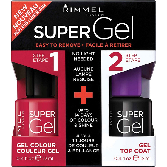 Rimmel London Super Gél by Kate lak na nechty 024 Red Ginger 12 ml + Super Gel Top Coat krycí lak na nechty 001 Transparent 12 ml, duopack