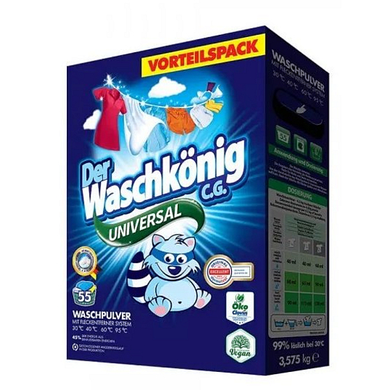 WaschKönig Universal univerzálny prací prášok na bielu a svetlú bielizeň 55 dávok 3,575 kg