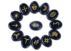 Obsidián Runové abecedy oválny prírodný kameň, 15 x 20 mm 13 kusov Písmená, posvätný symbol, liečivý drahokam, kameň záchrany