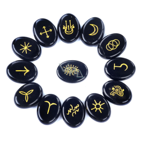 Obsidián Runové abecedy oválny prírodný kameň, 15 x 20 mm 13 kusov Písmená, posvätný symbol, liečivý drahokam, kameň záchrany