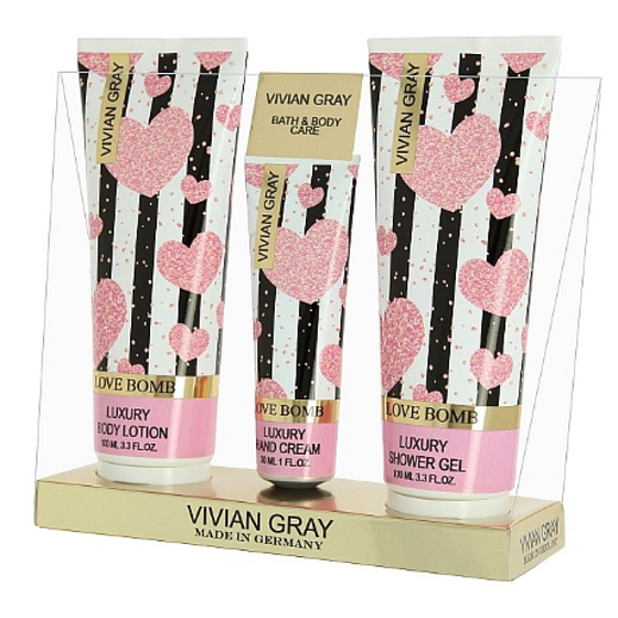 Vivian Gray Love Bomb telové mlieko 100 ml + sprchový gél 100 ml + krém na ruky 30 ml, kozmetická sada