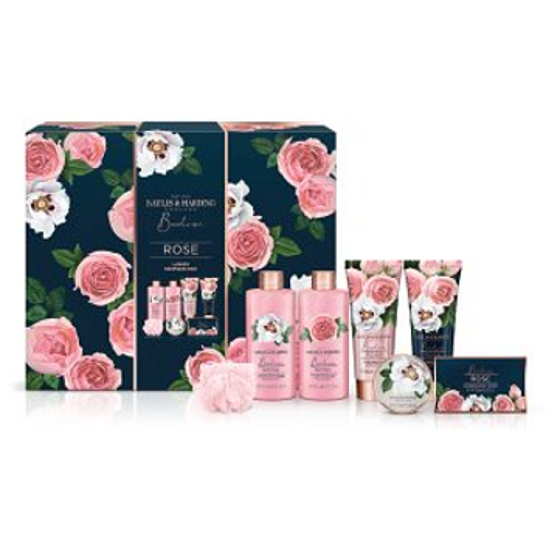 Baylis & Harding Čerstvé ruže sprchový gél 300 ml + pena do kúpeľa 300 ml + mlieko na telo a ruky 130 ml + umývací gél 130 ml + toaletné mydlo 100 g + kúpeľové kryštáliky 100 g + žinka, kozmetická sada