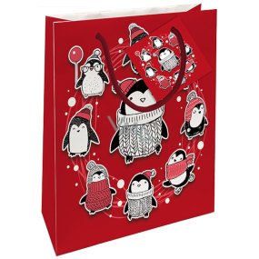 Nekupto Darčeková papierová taška 14 x 11 x 6,5 cm Vianočné červená tučniaky