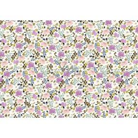 Ditipo Darčekový baliaci papier 70 x 100 cm Biely s farebnými kvetmi a zelenými listami 2 listy