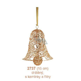 Zvon drôtený, zlatý s kamienkami a flitrami závesný 15 cm