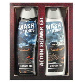 Bohemia Gifts Wash of Tanks 2 x krémový sprchový gél pre deti s obrázkami tankov na etiketách 300 ml, kozmetická sada