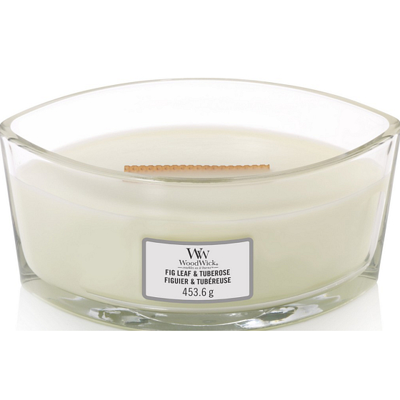 Woodwick Fig Leaf & Tuberose - Figový list a tuberóza vonná sviečka s dreveným širokým knôtom a viečkom loď 453 g