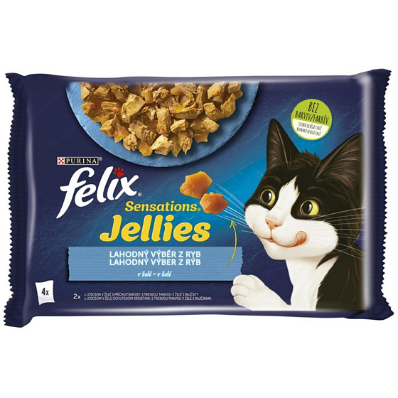 Felix Sensations Jellies Multipack losos a treska v ochutenom želé, kompletné krmivo pre dospelé mačky 4 x 85 g