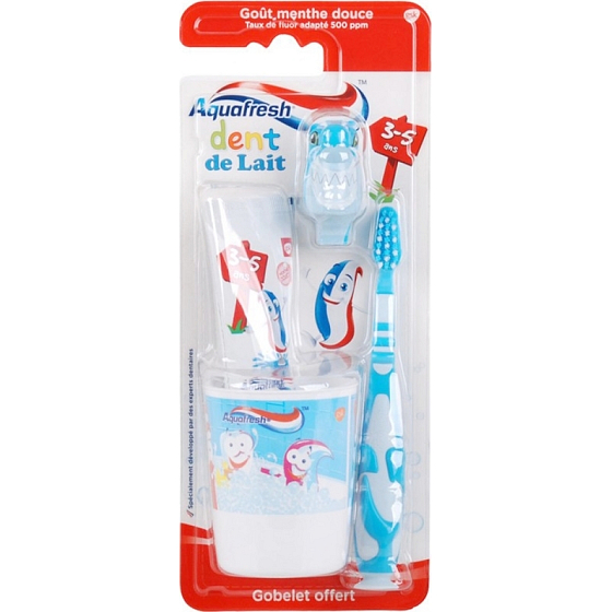 Aquafresh Dent de Lait zubná pasta 50 ml + kefka + kelímok, modrý set pre deti