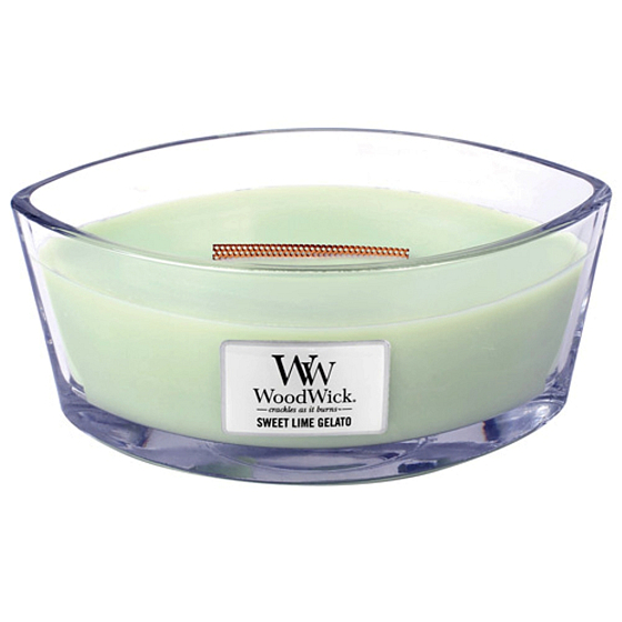 Woodwick Sweet Lime Gelato - Sladká zmrzlina vonná sviečka s dreveným širokým knôtom a viečkom sklo loď 453 g