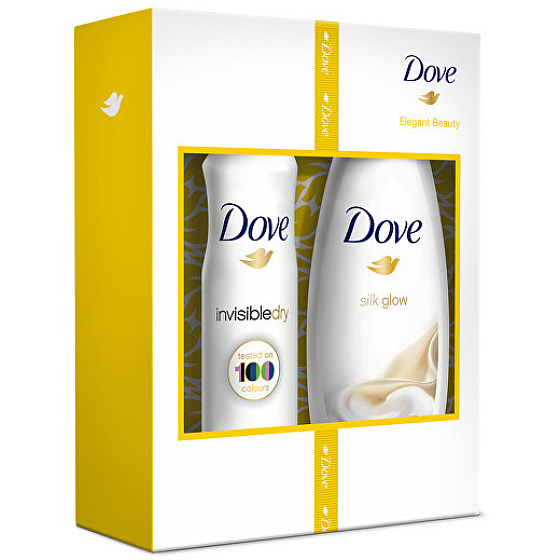 Dove Silk Glow vyživujúce sprchový gél 250 ml + Invisible Dry antiperspirant sprej 150 ml, kozmetická sada