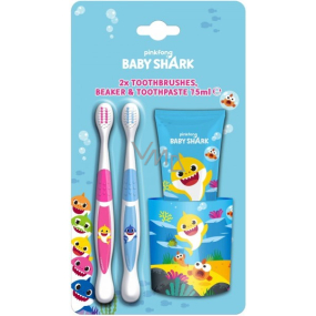 Pinkfong Baby Shark zubná kefka 2 kusy + zubná pasta 75 ml + kelímok na zubnú kefku, kozmetická súprava pre deti