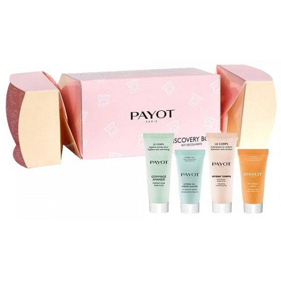 Payot Cracker Discovery Box Gommage Amande telový peeling 25 ml + Hydra 24 Creme Glacee pleťový krém 15 ml + Hydra 24 Corps telové mlieko 25 ml + My Payot Jour pleťový krém 15 ml, cestovné balenie, kozmetická sada