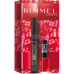 Rimmel London Extra 3D Lash mascara 003 Extreme Black 8 ml + 60 Seconds Super Shine Nail Polish 315 Queen Of Tarts 8 ml, kozmetická sada pre ženy