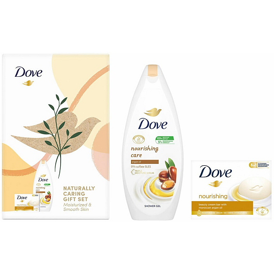 Dove Nourishing Care Argan Oil sprchový gél 250 ml + Nourishing Moroccan Argan Oil krémové toaletné mydlo s arganovým olejom 90 g, kozmetická sada